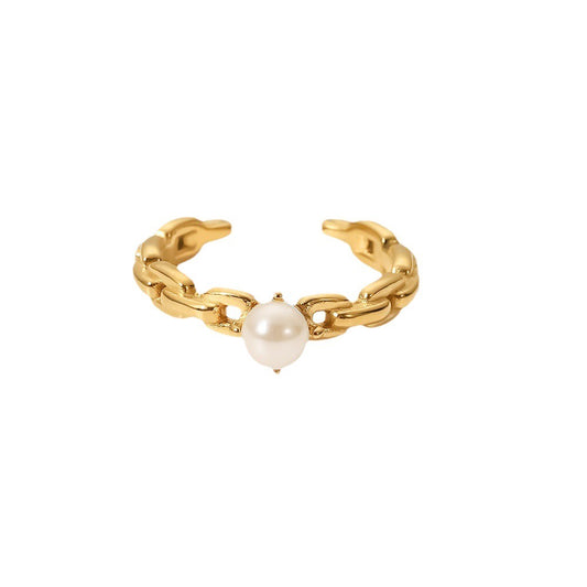 Gold Zipper Chain shaped Ring with Single Pearl