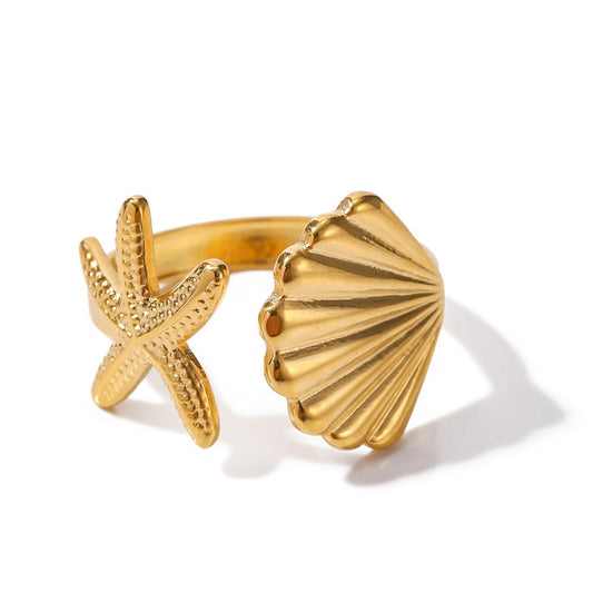 Chic Starfish and Shell Open Ring
