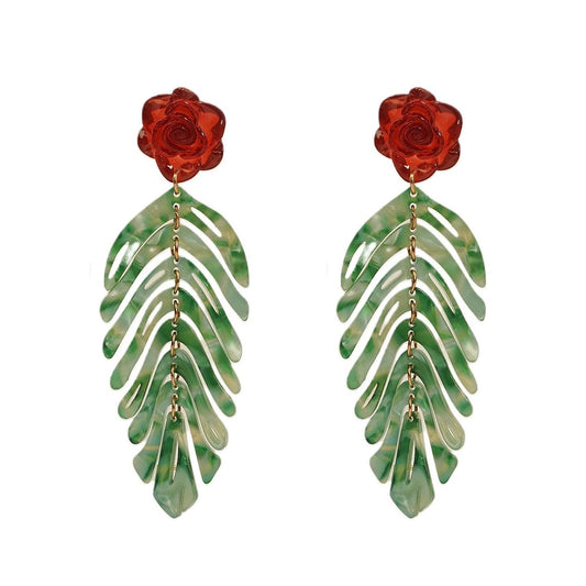 Vintage Red Rose with Green Leaf Tassel Earrings