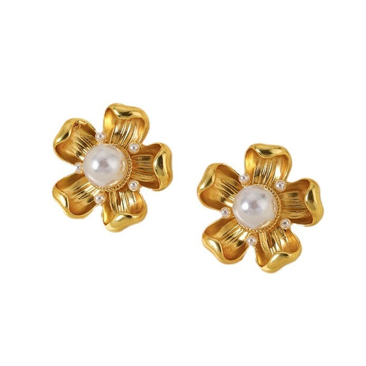 Metal Flower Pearl Earrings