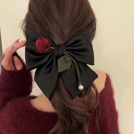 Black Bow Hairpin with Red Rose