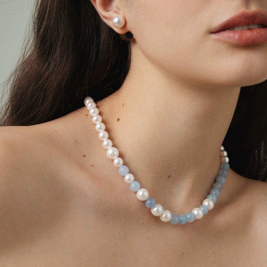 Aquamarine Beads mixed with Pearls Necklace